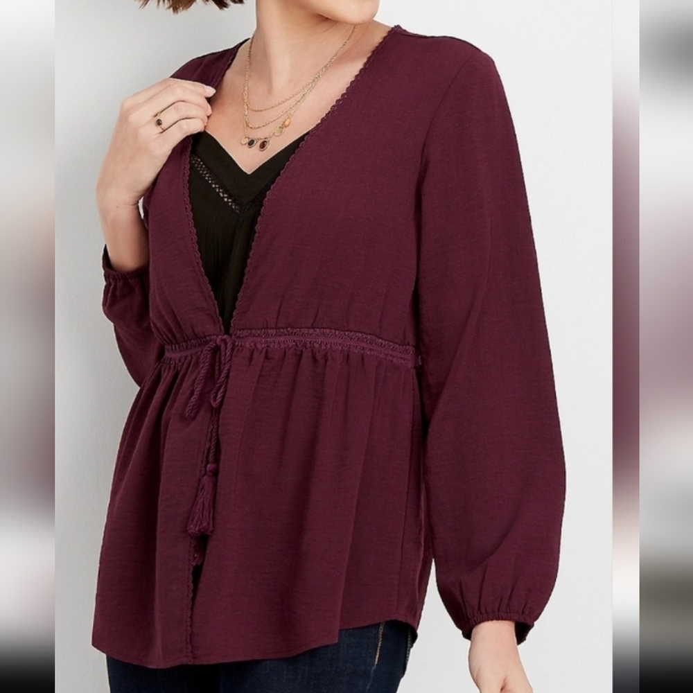 Maurices Crocheted Trim Front Tie Kimono Cardigan